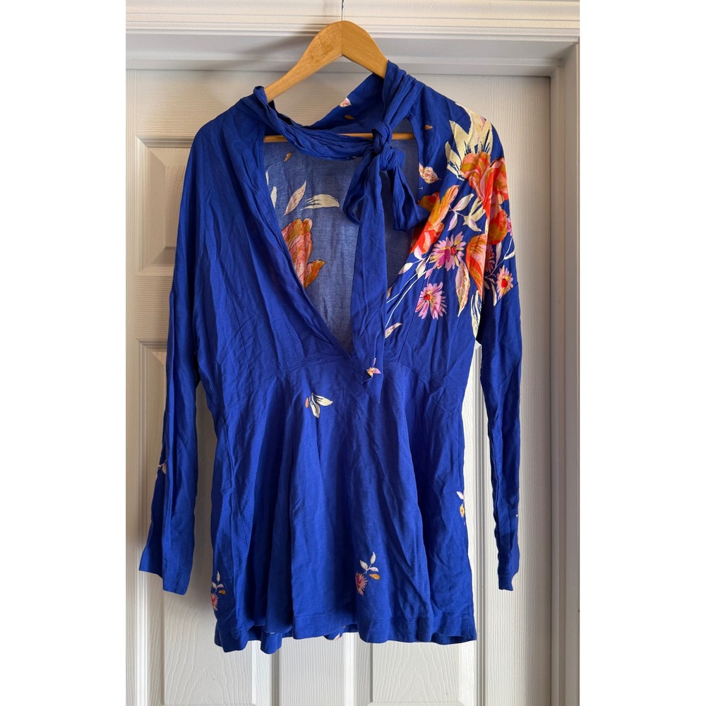 Free People Mini Dress Women XS Blue Floral Open Back Tie Neck Long Sleeve